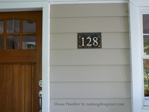 Custom Mosaic House Number on Slate in Copper and Brown by Nutmeg Designs.