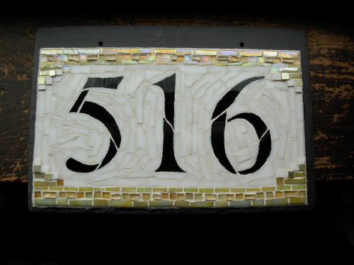 Nutmeg Designs Custom House Number in White and Cream Yellow for a Craftsman Bungalow in California.