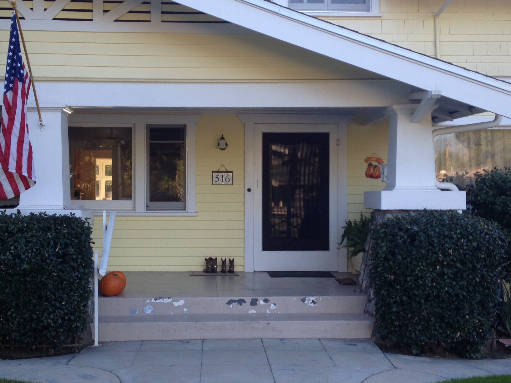 Nutmeg Designs Custom House Number in White and Cream Yellow for a Craftsman Bungalow in California.