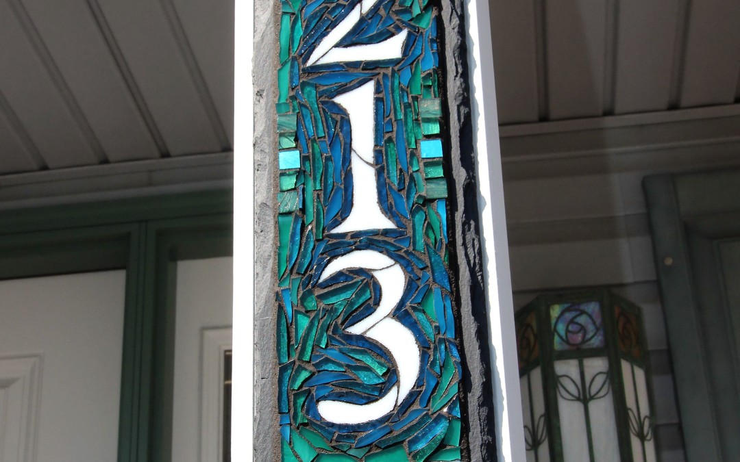 Blue Green Mosaic Vertical House Number Plaque for a Porch Pillar