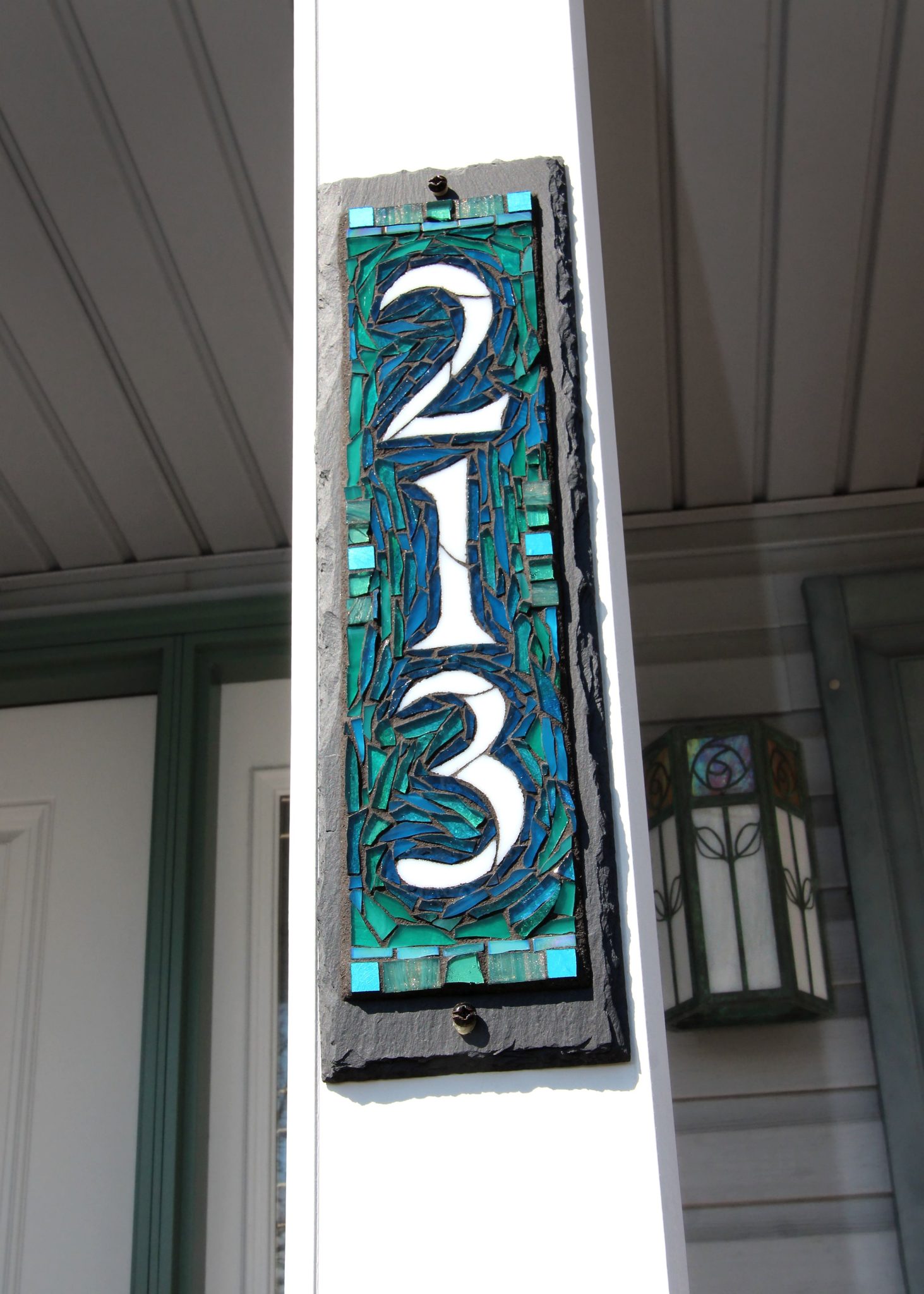 Vertical Mosaic House Number in Blue Green by Nutmeg Designs