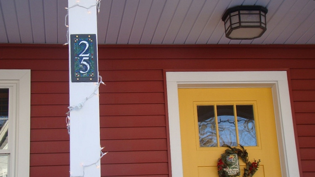 Mosaic House Number in Blue Green with Yellow Door by Nutmeg Designs