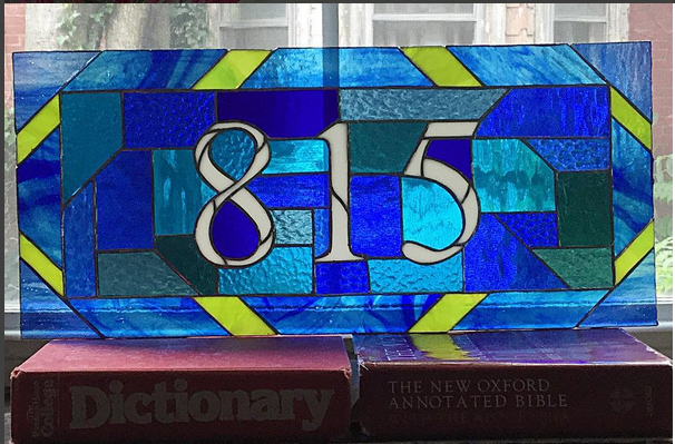 Stained Glass Transom House Number by Nutmeg Designs in blue and lime