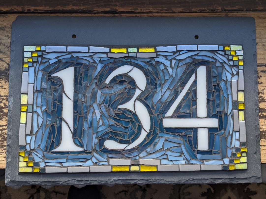 Mosaic House Number in Navy Blue Gray and Yellow from Nutmeg Designs