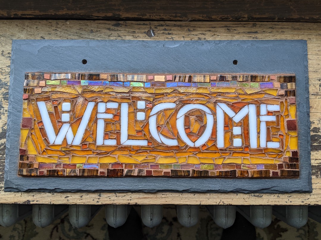Welcome Sign in Amber and Copper Mosaic on Slate by Nutmeg Designs