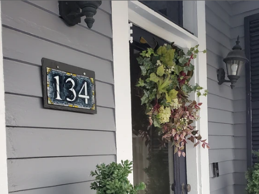 Mosaic House Number on Slate in Elegant Dark Blue, Gray and Yellow