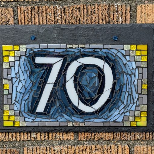 Blue Gray with Yellow Accents Mosaic House Number 12x8 inches