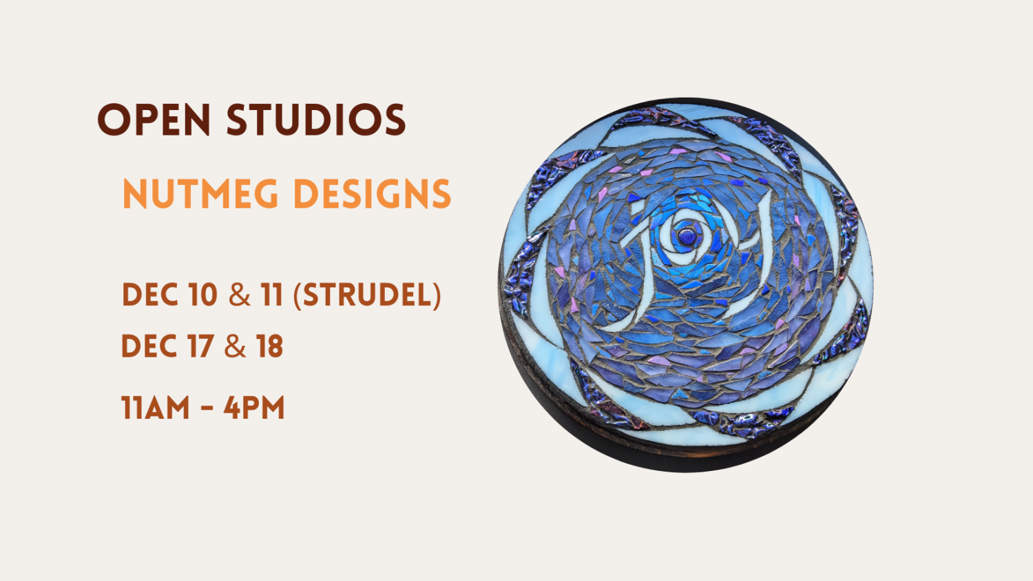 Open Studios at Nutmeg Designs December 10-11 and 17-18 2022