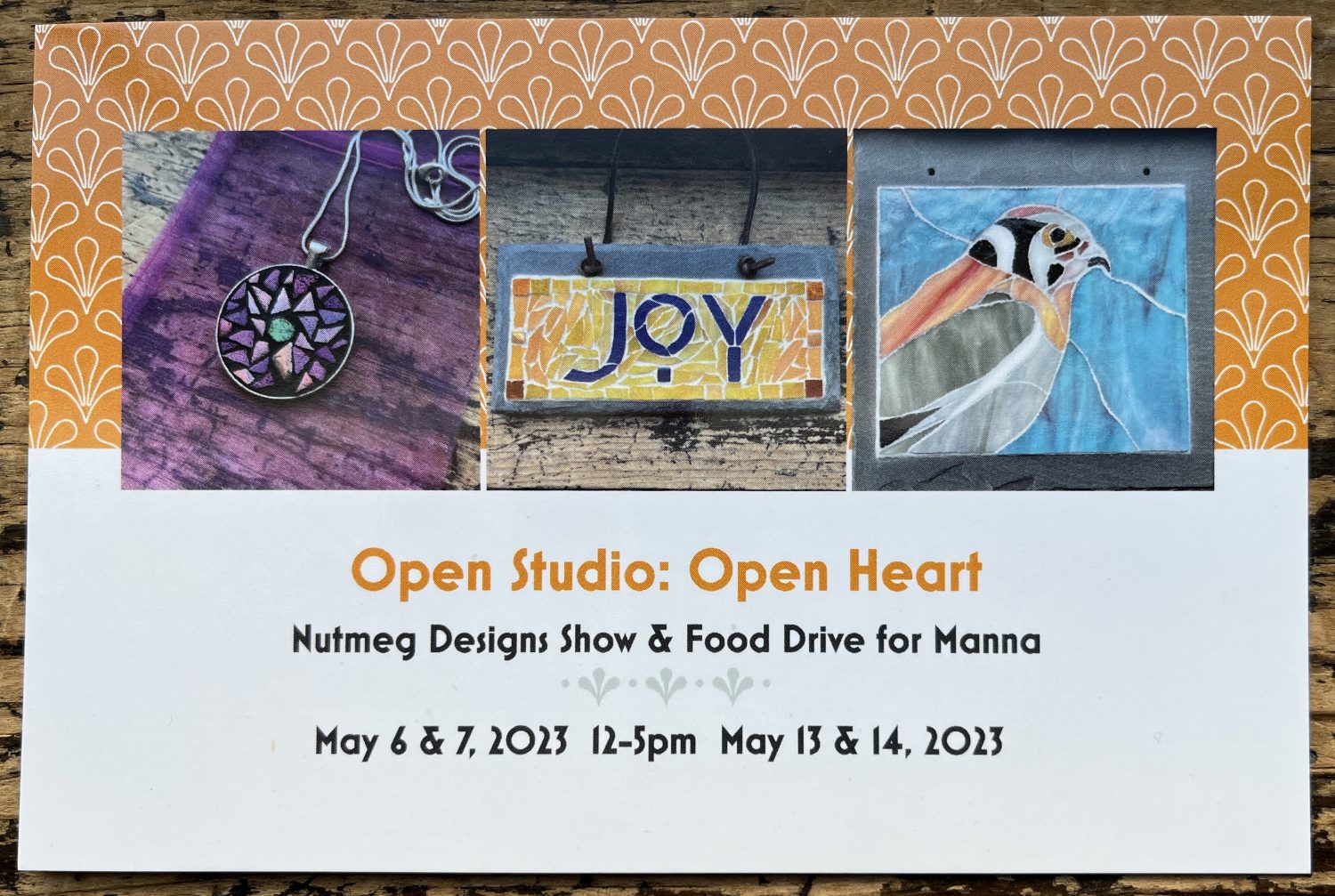 2023 Nutmeg Designs Open Studio and Food Drive May 6, 7 and May 13, 14