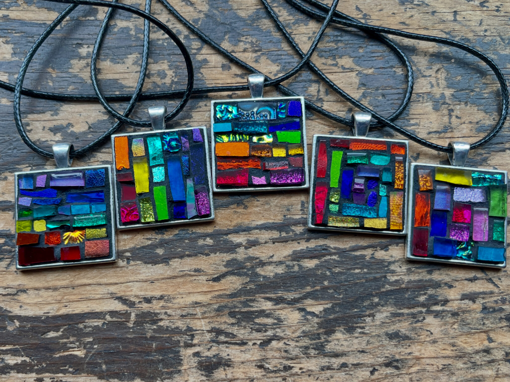 Square Mosaic Pendants in Rainbow Glass by Margaret Almon